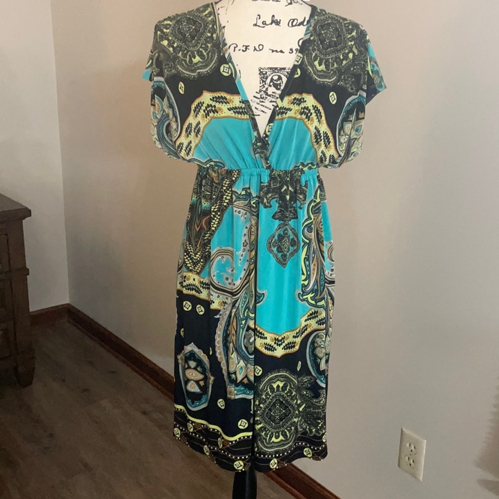 Cristina Love turquoise flutter sleeve tunic top Large